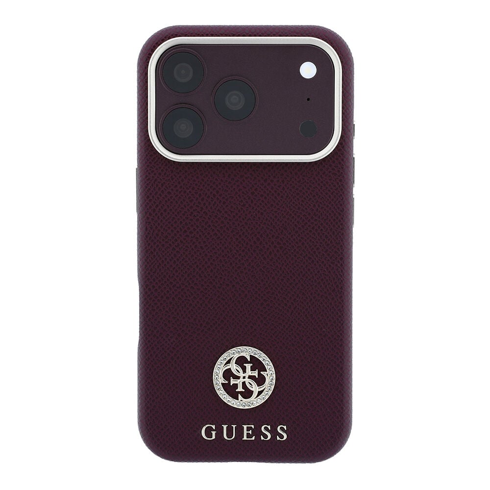 Apple iPhone 18 Pro Kılıf Guess Orjinal Lisanslı M-safe Şarj Özellikli PU Taşlı Metal 4G ve Yazı Logolu Kapak