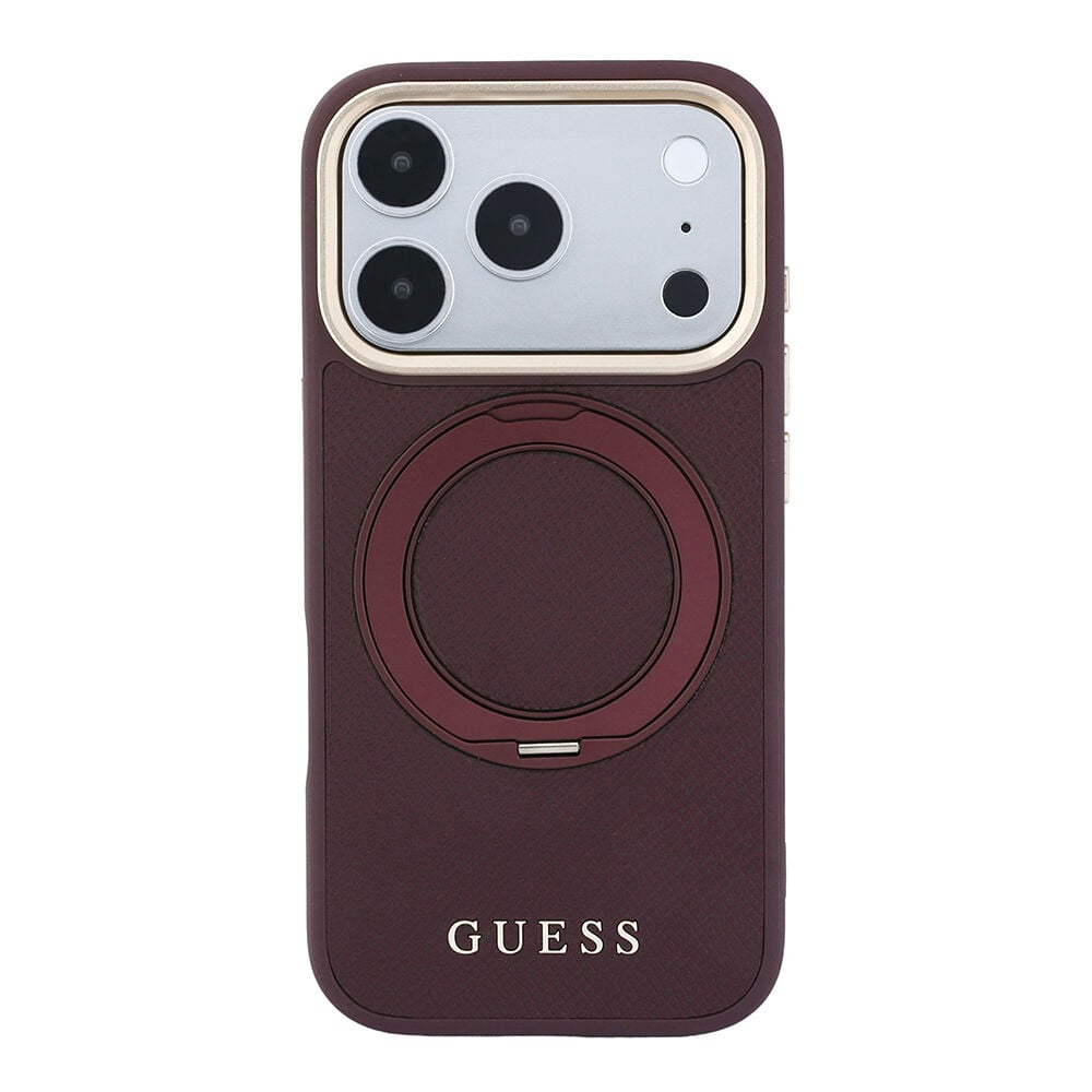 Apple iPhone 18 Pro Max Kılıf Guess Orjinal Lisanslı M-safe Şarj Özellikli 360 Derece Dönebilen Standlı PU Metal Yazı Logolu Kapak