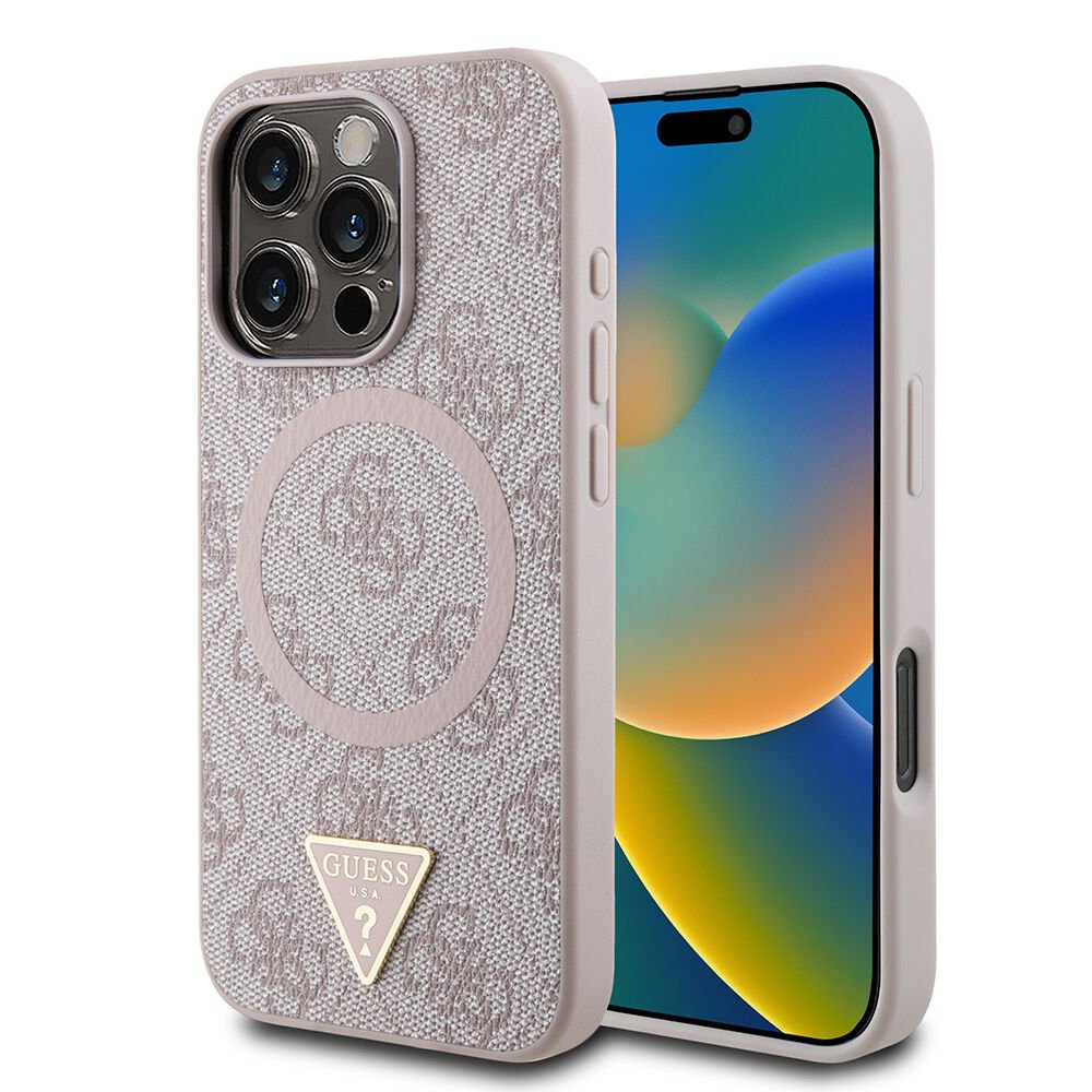Apple iPhone 16 Pro Max Kılıf Guess Orjinal Lisanslı M-safe Şarj Özellikli PU Üçgen Logo 4G Desenli Kılıf - Siyah Pembe