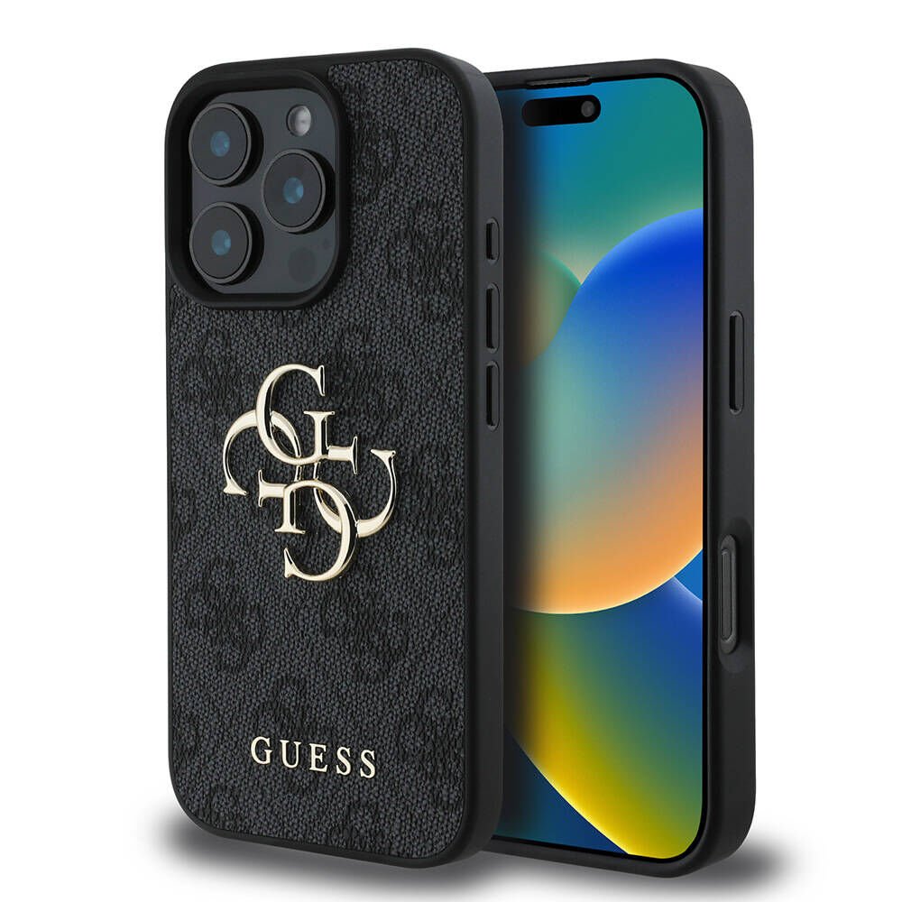 Apple iPhone 16 Pro Max Kılıf Guess Orjinal Lisanslı PU Deri 4G Desenli Metal Büyük 4G ve Yazı Logolu Kılıf Siyah