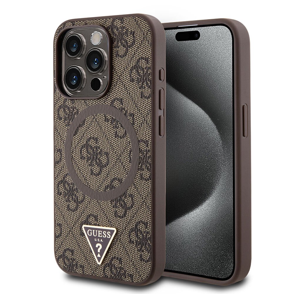 Apple iPhone 15 Pro Kılıf Guess Orjinal Lisanslı M-safe Şarj Özellikli PU Üçgen Logo 4G Desenli Kılıf - Pembe Kahverengi