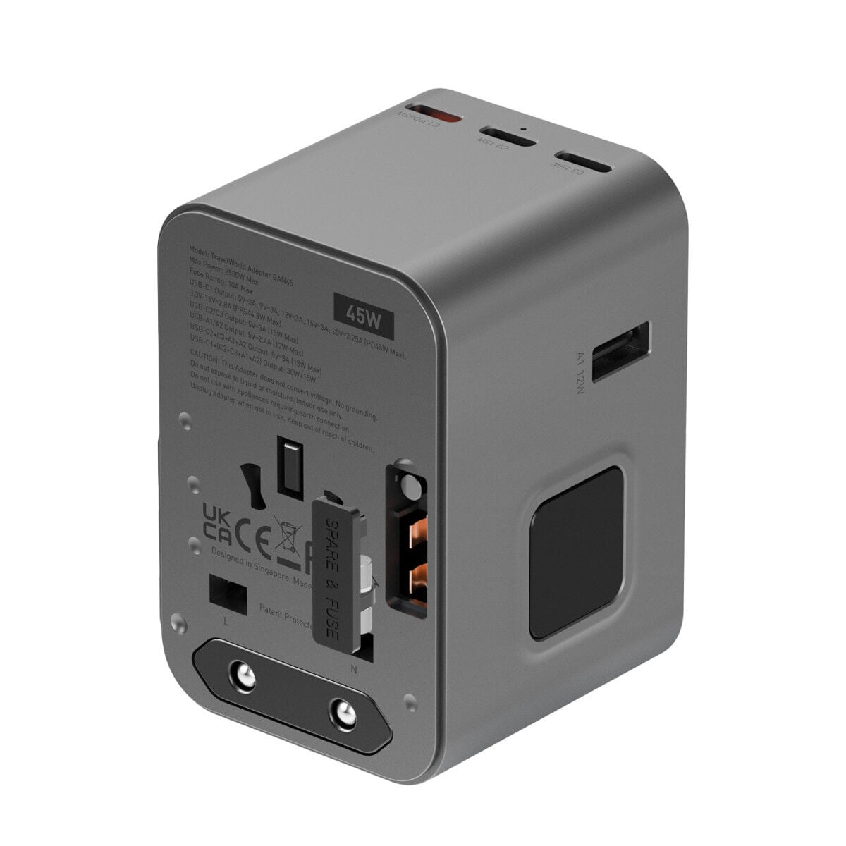 Energea TravelWorld Universal GaN45 1 Adet 45W Type C 2 Adet 15W Type C ve 2 Adet 12W USB Çıkışlı PD Hızlı Şarj Aleti - Siyah