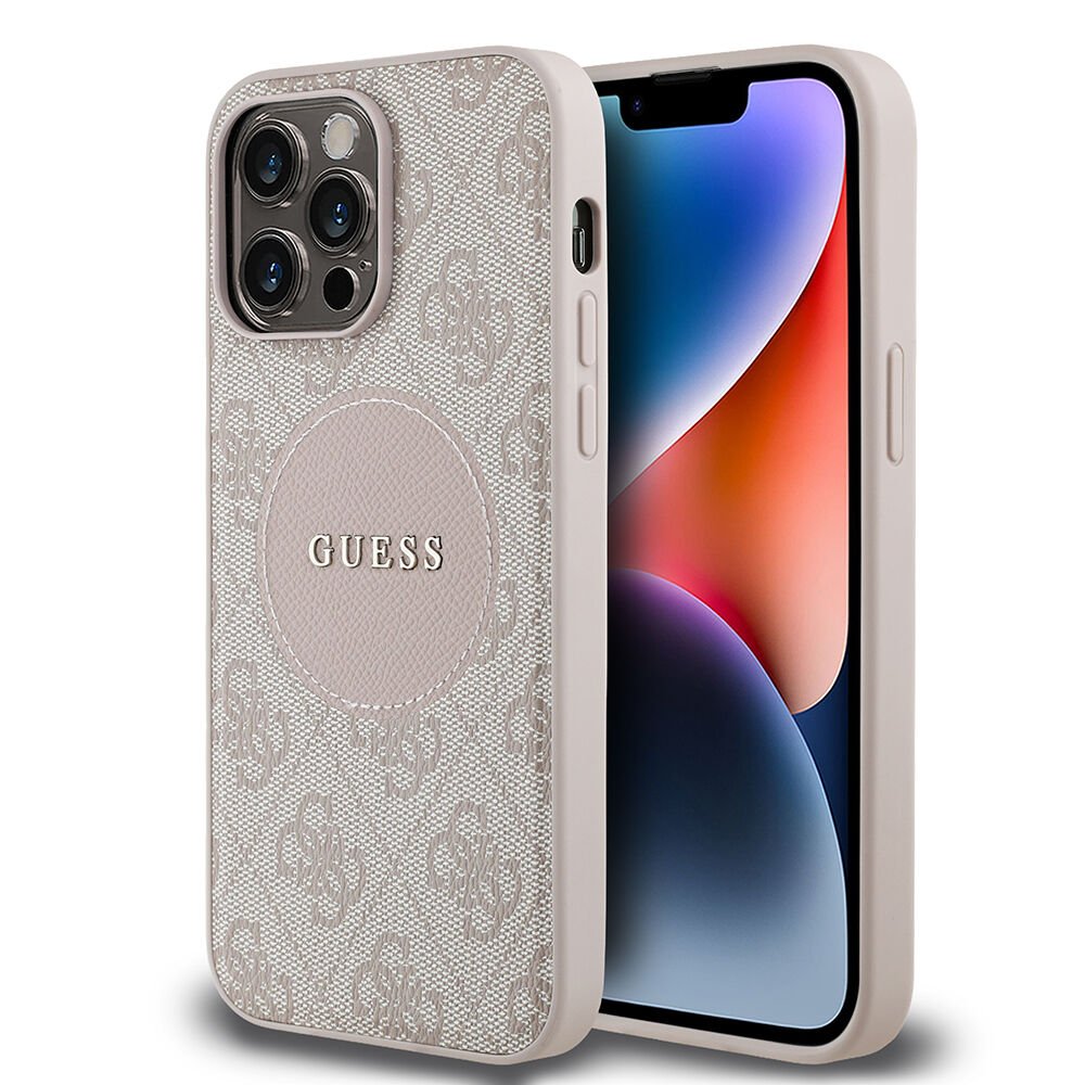 Apple iPhone 14 Pro Max Kılıf Guess Orjinal Lisanslı M-safe Şarj Özellikli Yazı Logolu Circle Classic Kılıf - Pembe