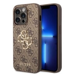 Apple iPhone 14 Pro Max Kılıf GUESS PU Deri Büyük Metal Logo Dizaynlı Kılıf - Kahverengi
