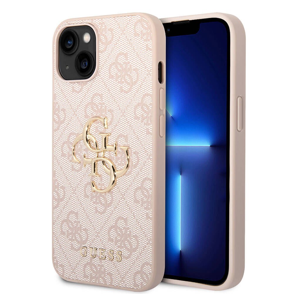Apple iPhone 15 Kılıf Guess Orjinal Lisanslı PU Deri Yazı ve 4G Metal Logolu Desenli Kılıf - Siyah Pembe 