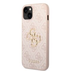 Apple iPhone 15 Kılıf Guess Orjinal Lisanslı PU Deri Yazı ve 4G Metal Logolu Desenli Kılıf - Siyah Pembe 
