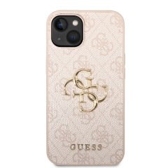Apple iPhone 15 Kılıf Guess Orjinal Lisanslı PU Deri Yazı ve 4G Metal Logolu Desenli Kılıf - Siyah Pembe 