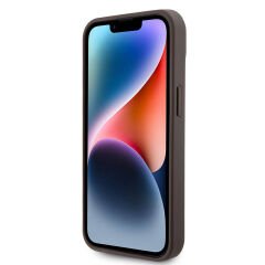 Apple iPhone 15 Kılıf Guess Orjinal Lisanslı PU Deri Taşlı Üçgen Logo 4G Desenli Strass Kılıf Kahverengi