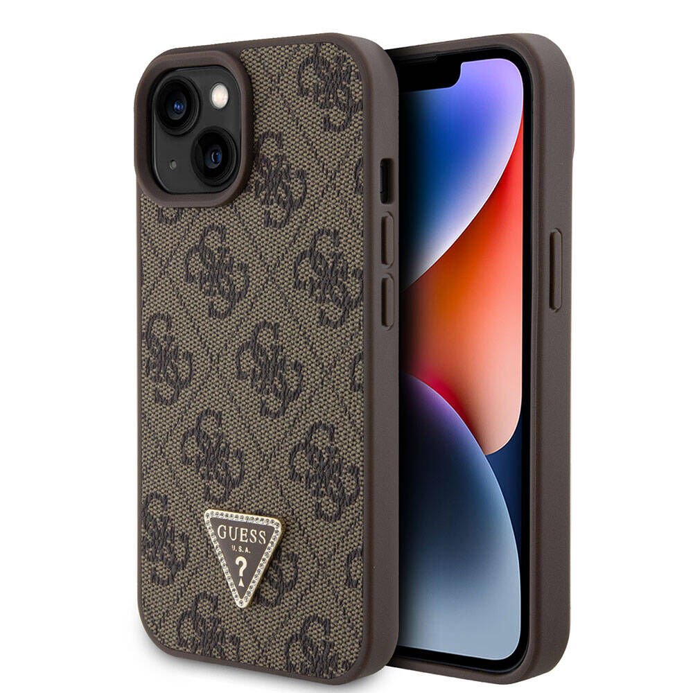 Apple iPhone 15 Kılıf Guess Orjinal Lisanslı PU Deri Taşlı Üçgen Logo 4G Desenli Strass Kılıf Kahverengi