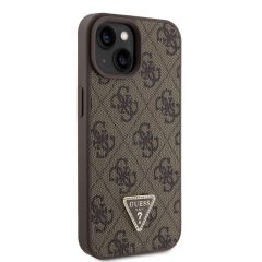 Apple iPhone 15 Kılıf Guess Orjinal Lisanslı PU Deri Taşlı Üçgen Logo 4G Desenli Strass Kılıf Kahverengi