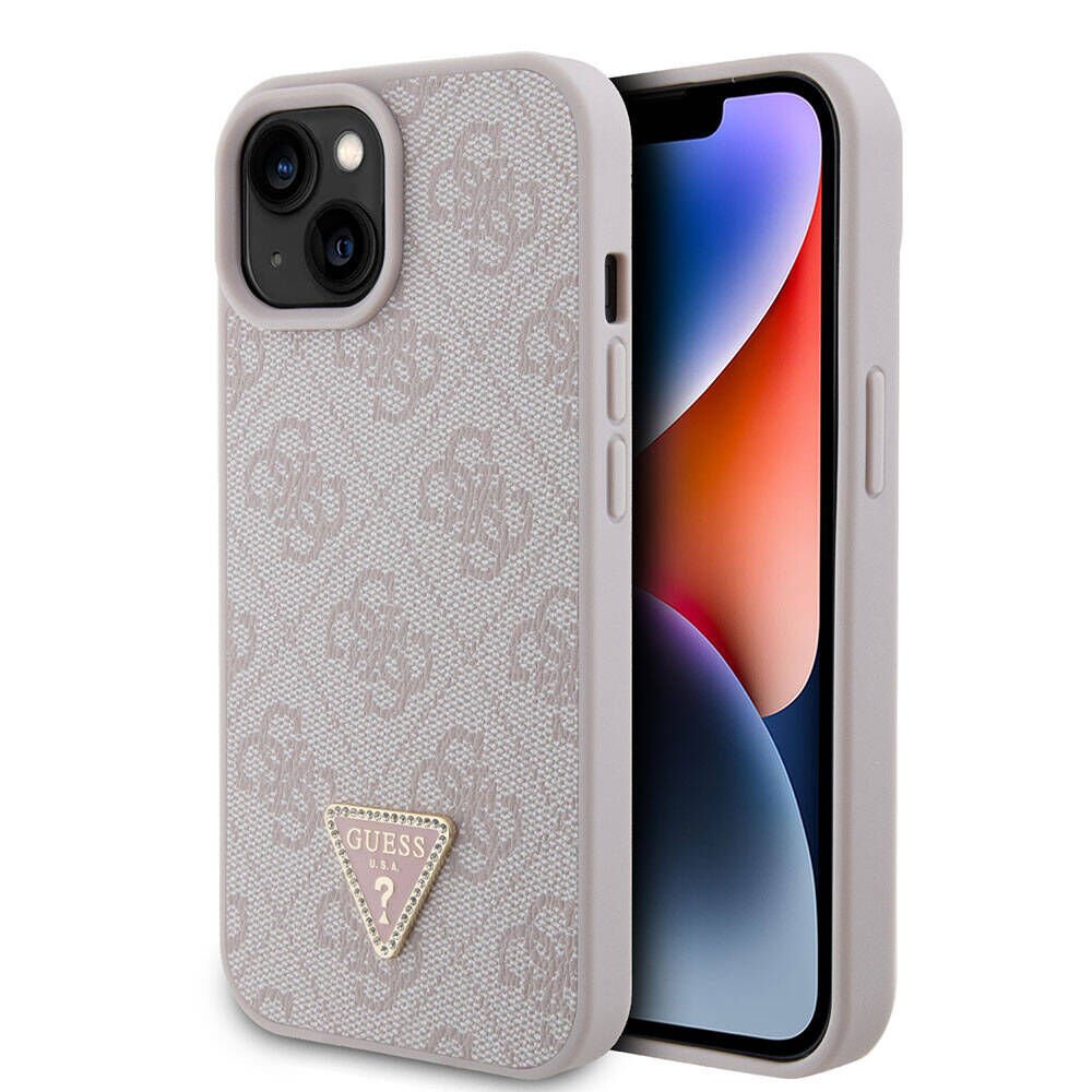 Apple iPhone 15 Kılıf Guess Orjinal Lisanslı PU Deri Taşlı Üçgen Logo 4G Desenli Strass Kılıf Pembe