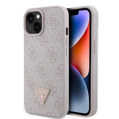 Apple iPhone 15 Kılıf Guess Orjinal Lisanslı PU Deri Taşlı Üçgen Logo 4G Desenli Strass Kılıf Pembe