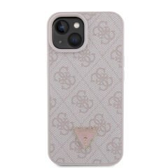 Apple iPhone 15 Kılıf Guess Orjinal Lisanslı PU Deri Taşlı Üçgen Logo 4G Desenli Strass Kılıf Pembe