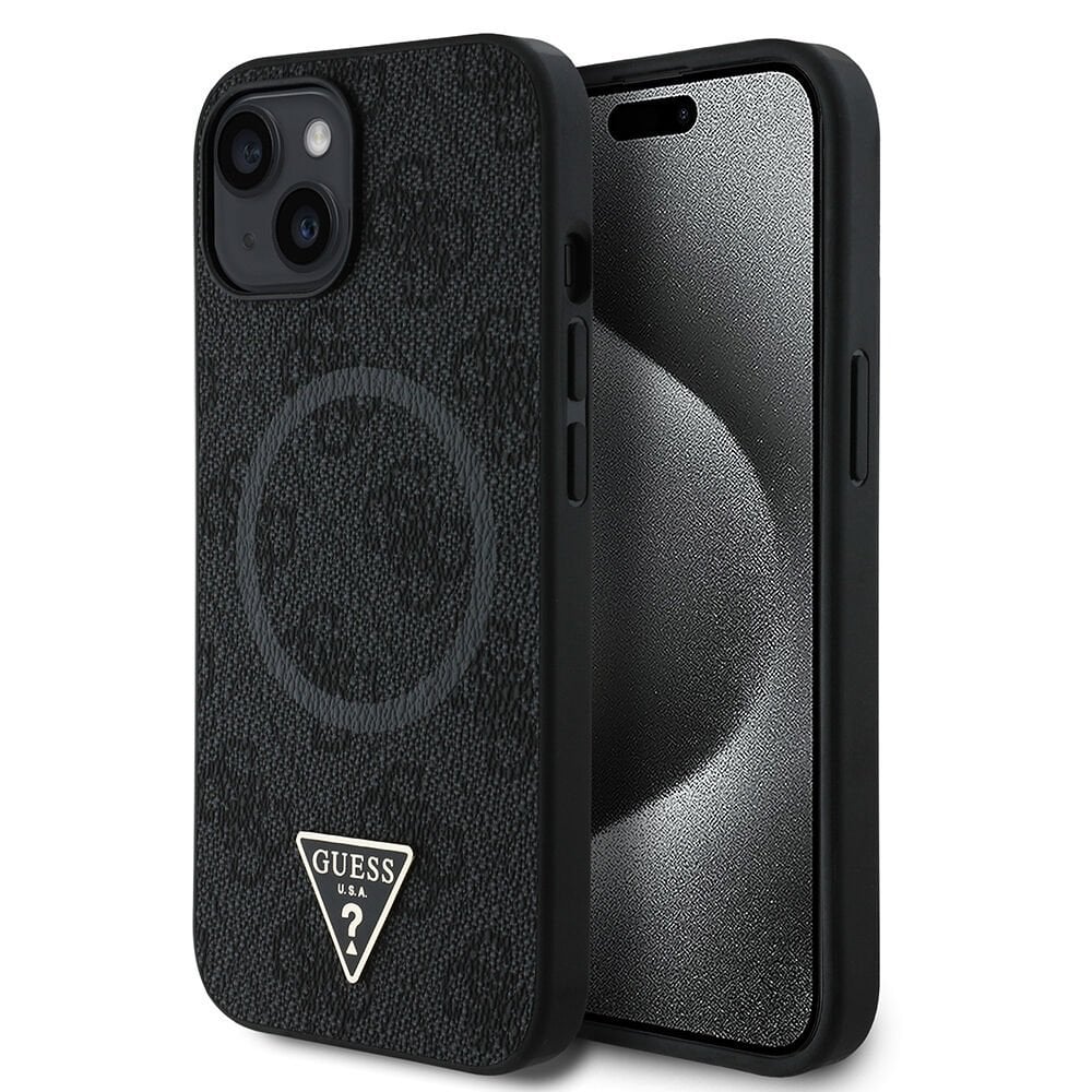 Apple iPhone 15 Kılıf Guess Orjinal Lisanslı M-safe Şarj Özellikli PU Üçgen Logo 4G Desenli Kılıf - Siyah