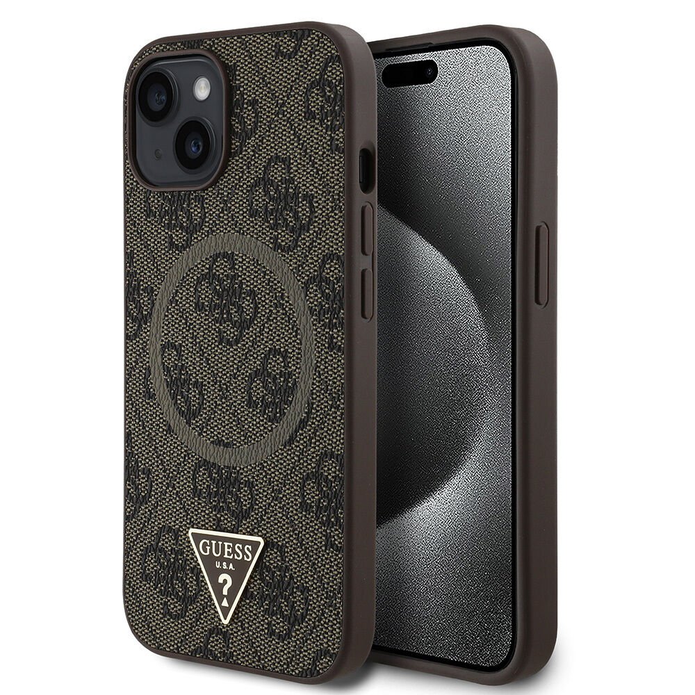Apple iPhone 15 Kılıf Guess Orjinal Lisanslı M-safe Şarj Özellikli PU Üçgen Logo 4G Desenli Kılıf - Siyah Kahverengi