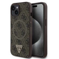 Apple iPhone 15 Kılıf Guess Orjinal Lisanslı M-safe Şarj Özellikli PU Üçgen Logo 4G Desenli Kılıf - Siyah Kahverengi