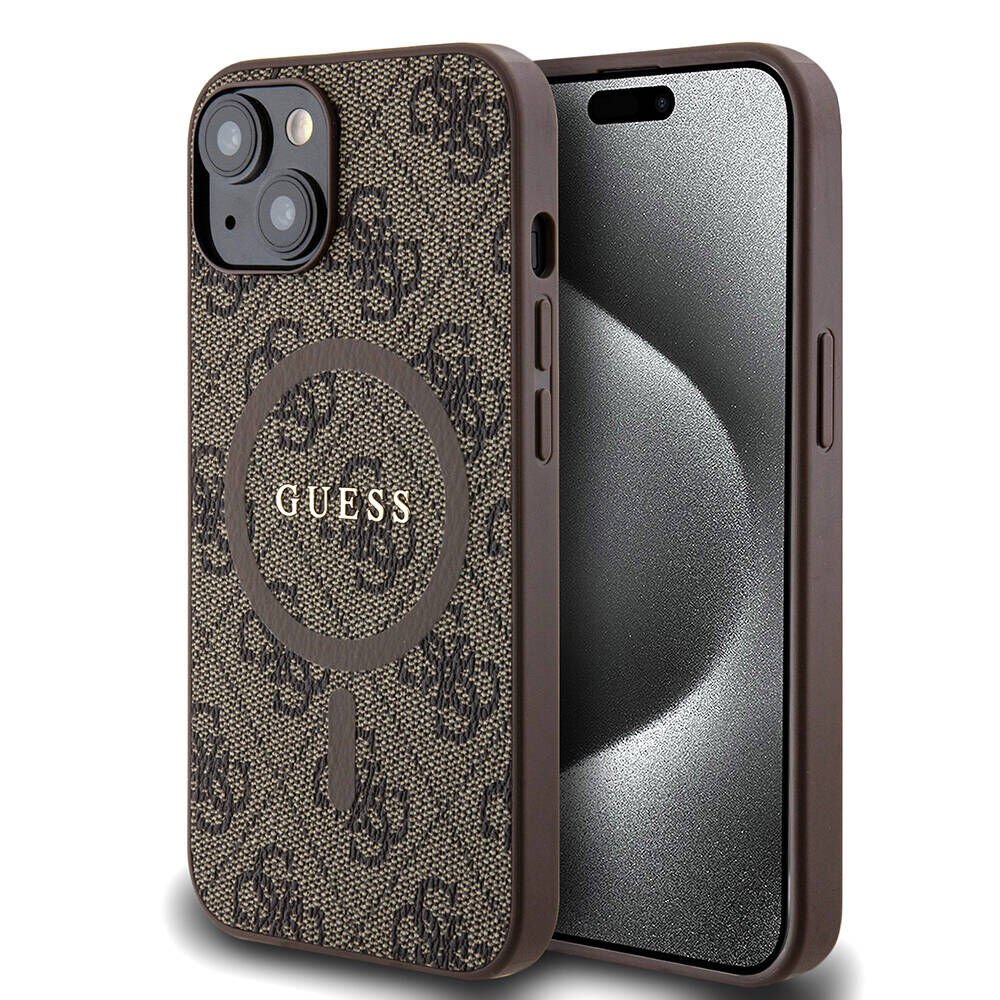Apple iPhone 14 Kılıf Guess Orjinal Lisanslı M-safe Şarj Özellikli PU Halkalı 4G Desenli Yazı Logolu Kılıf - Siyah Kahverengi