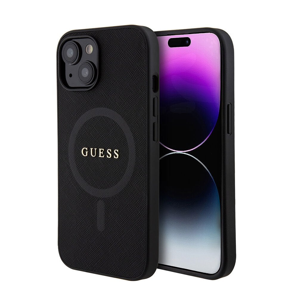 Apple iPhone 14 Kılıf Guess Orjinal Lisanslı M-safe Şarj Özellikli Yazı Logolu Saffiano Classic Kılıf - Siyah