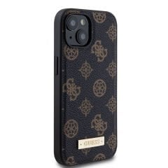 Apple iPhone 14 Kılıf Guess M-safe Şarj Özellikli PU Deri Desenli Metal Plaka Logolu Kılıf - Kahverengi