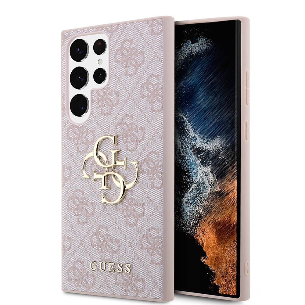 Galaxy S24 Ultra Kılıf Guess Orjinal Lisanslı PU Deri Yazı ve 4G Metal Logolu Desenli Kılıf - Siyah Pembe 