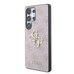 Galaxy S25 Ultra Kılıf Guess Orjinal Lisanslı PU Deri 4G Desenli Metal Büyük 4G ve Yazı Logolu Kılıf - Pembe