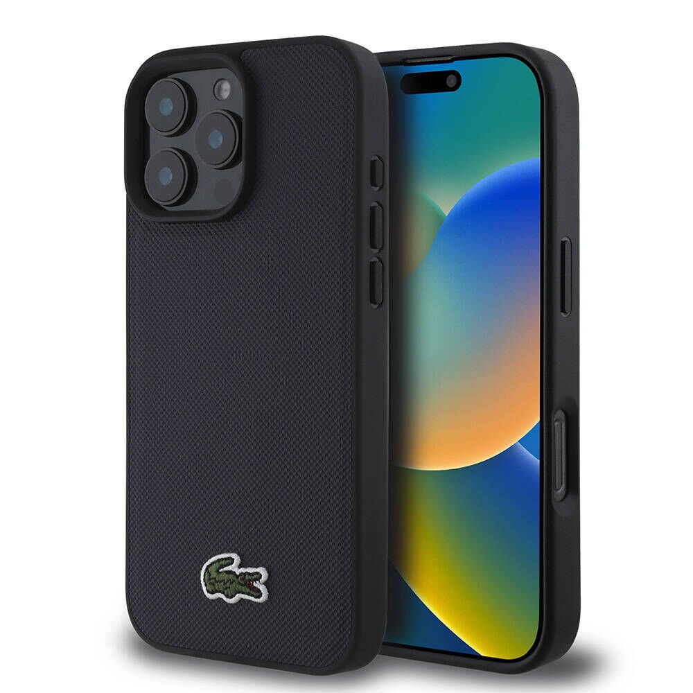 Apple iPhone 16 Pro Kılıf Lacoste Orjinal Lisanslı PU Pike Desenli Arka Yüzey İkonik Timsah Dokuma Logolu Kılıf - Kırmızı Siyah
