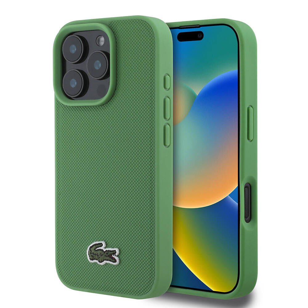Apple iPhone 16 Pro Max Kılıf Lacoste Orjinal Lisanslı PU Pike Desenli Arka Yüzey İkonik Timsah Dokuma Logolu Kılıf - Kırmızı Yeşil