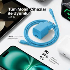 Ttec SmartCharger GAN 20W PD Seyahat Hızlı Şarj Aleti + USB-C - Lightning 120cm Kablo Neon