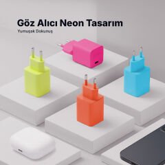 Ttec SmartCharger GAN 20W PD Seyahat Hızlı Şarj Aleti + USB-C - Lightning 120cm Kablo Neon