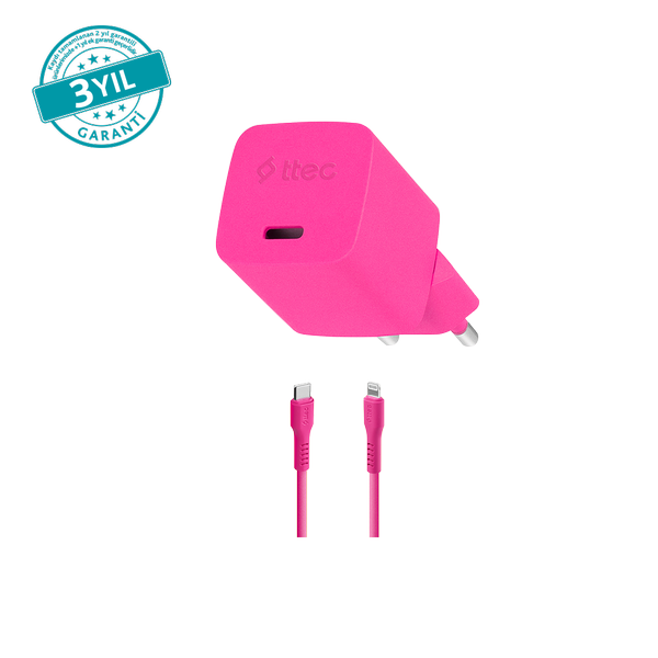 Ttec SmartCharger GAN 20W PD Seyahat Hızlı Şarj Aleti + USB-C - Lightning 120cm Kablo Neon
