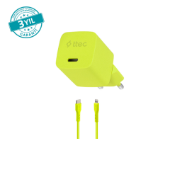 Ttec SmartCharger GAN 20W PD Seyahat Hızlı Şarj Aleti + USB-C - Lightning 120cm Kablo Neon