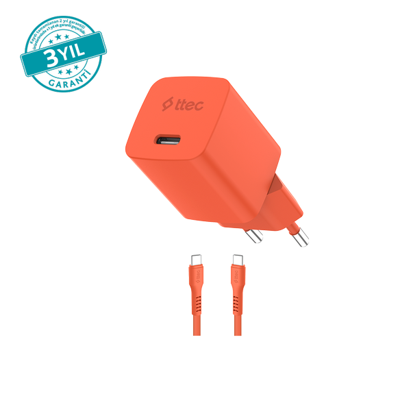 Ttec SmartCharger GAN 20W AVS PD Seyahat Hızlı Şarj Aleti + USB-C - USB-C 3A Kablo Neon