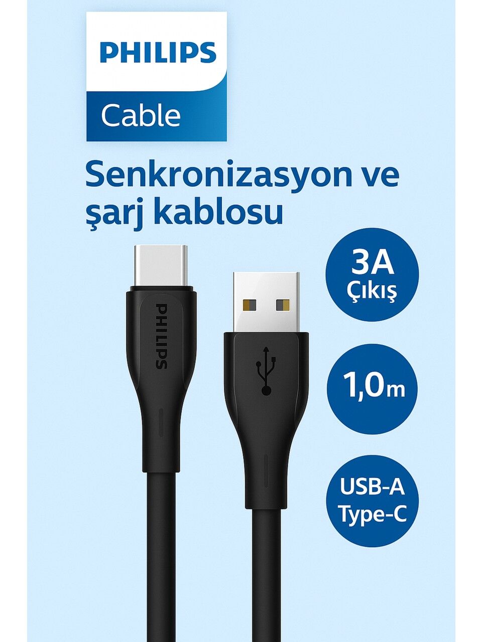 Philips Typ-A (Usb-C ) Şarj ve Data Kablosu, Hızlı Şarj, 3A Yüksek Akım, 1 Metre, Dayanıklı Slikon Kablo