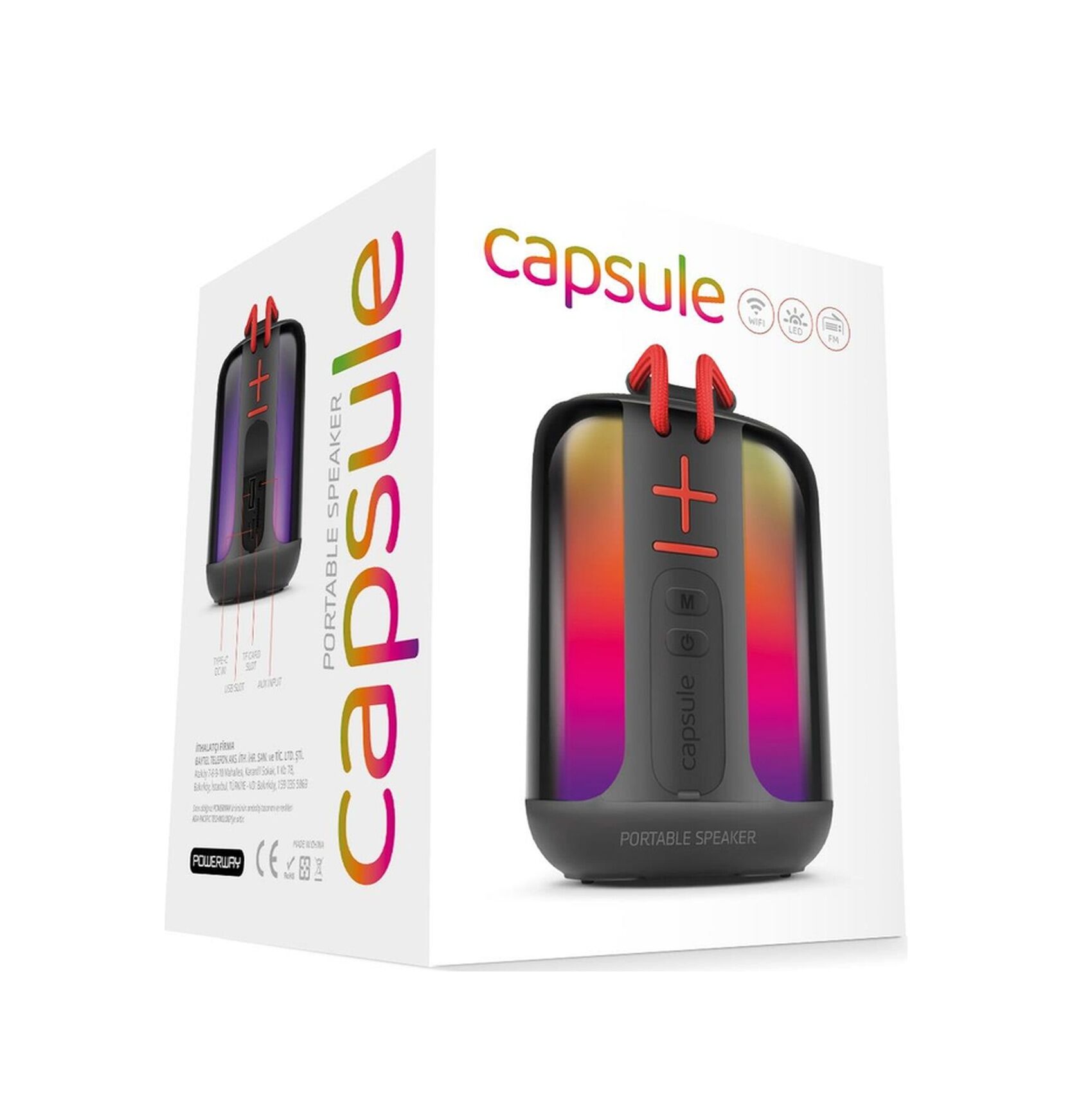 Powerway Capsule Taşınabilir Bluetooth Hoparlör Ses Bombası Yüksek Ses Gücü Sese Duyarlı Led Işık Siyah