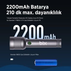 Bix Bx2186fl 3w Led Max. 910 Lümen Şarjlı Uzun Menzilli El Feneri Gri