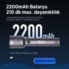 Bix Bx2186fl 3w Led Max. 910 Lümen Şarjlı Uzun Menzilli El Feneri Gri
