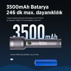 Bix Bx6166fl 3w Led 1500 Lümen, Şarjlı Uzun Menzilli El Feneri Gri