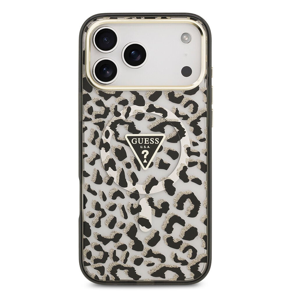 Apple iPhone 17 Pro Max Kılıf Guess Orjinal Lisanslı M-safe Şarj Özellikli Üçgen Logolu Simli Leopar Desenli Kapak