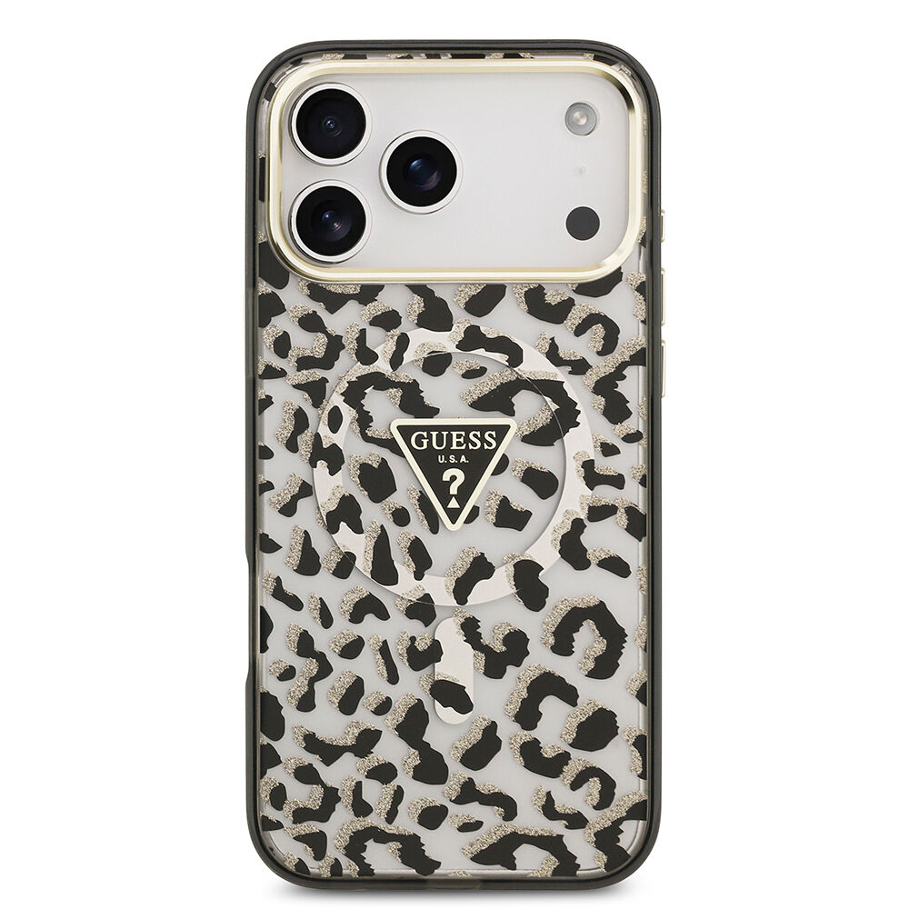 Apple iPhone 17 Pro Max Kılıf Guess Orjinal Lisanslı M-safe Şarj Özellikli Üçgen Logolu Simli Leopar Desenli Kapak Siyah