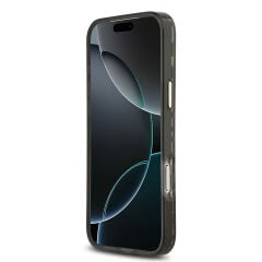 Apple iPhone 17 Pro Max Kılıf Guess Orjinal Lisanslı M-safe Şarj Özellikli Üçgen Logolu Simli Leopar Desenli Kapak Siyah