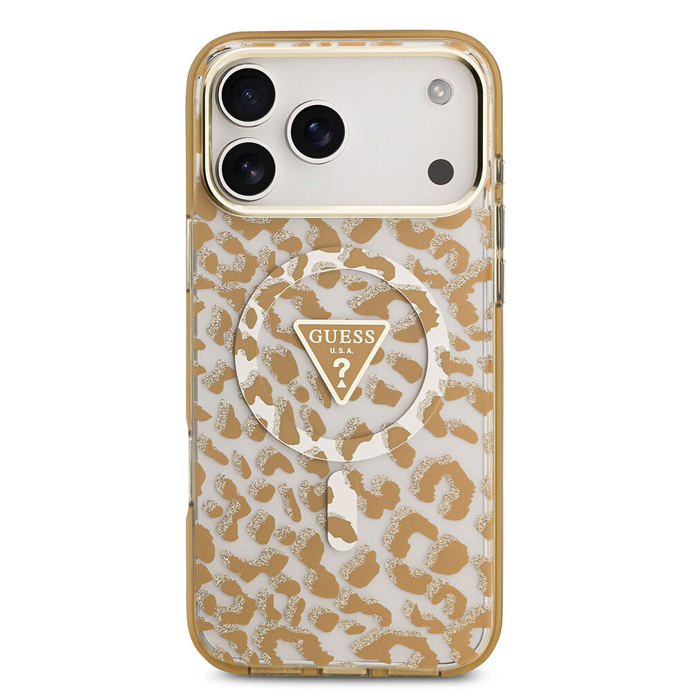 Apple iPhone 17 Pro Max Kılıf Guess Orjinal Lisanslı M-safe Şarj Özellikli Üçgen Logolu Simli Leopar Desenli Kapak Kahverengi