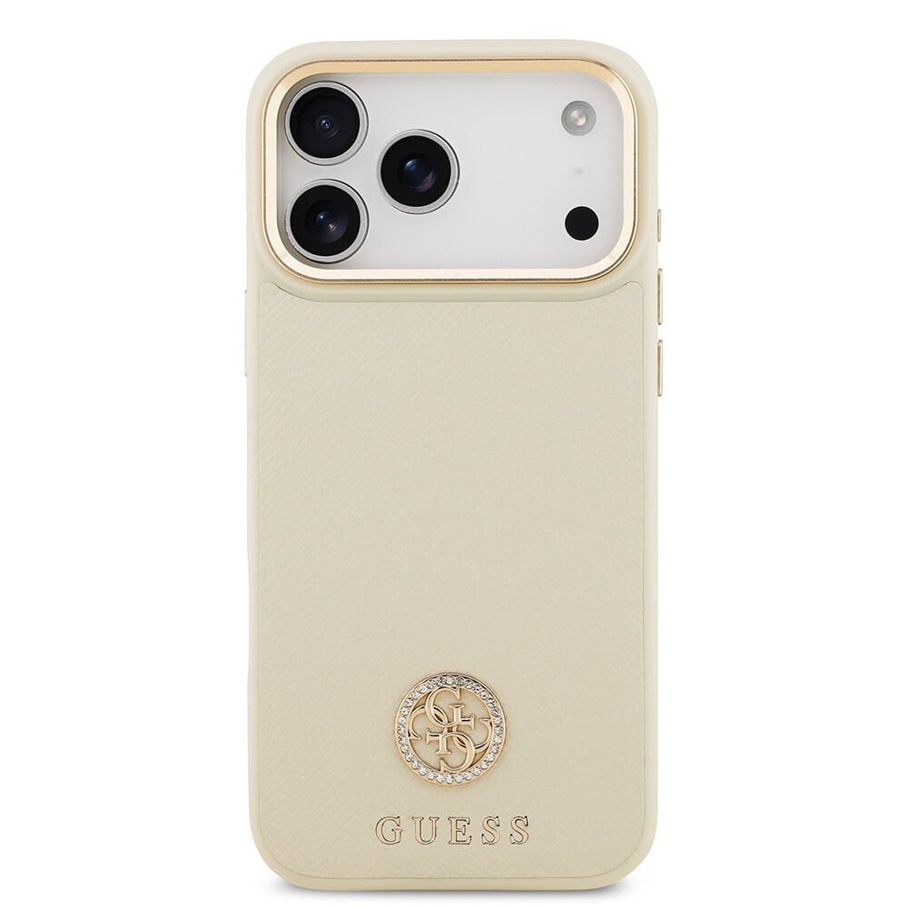 Apple iPhone 17 Pro Max Kılıf Guess Orjinal Lisanslı M-safe Şarj Özellikli Grained Yazı ve Taşlı 4G Logolu Kapak