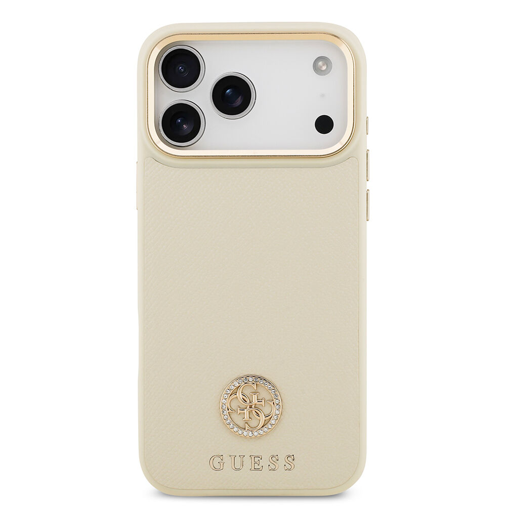 Apple iPhone 17 Pro Max Kılıf Guess Orjinal Lisanslı M-safe Şarj Özellikli Grained Yazı ve Taşlı 4G Logolu Kapak