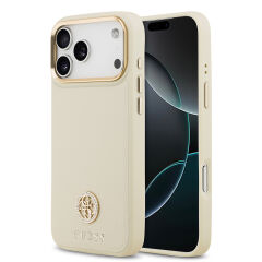Apple iPhone 17 Pro Max Kılıf Guess Orjinal Lisanslı M-safe Şarj Özellikli Grained Yazı ve Taşlı 4G Logolu Kapak