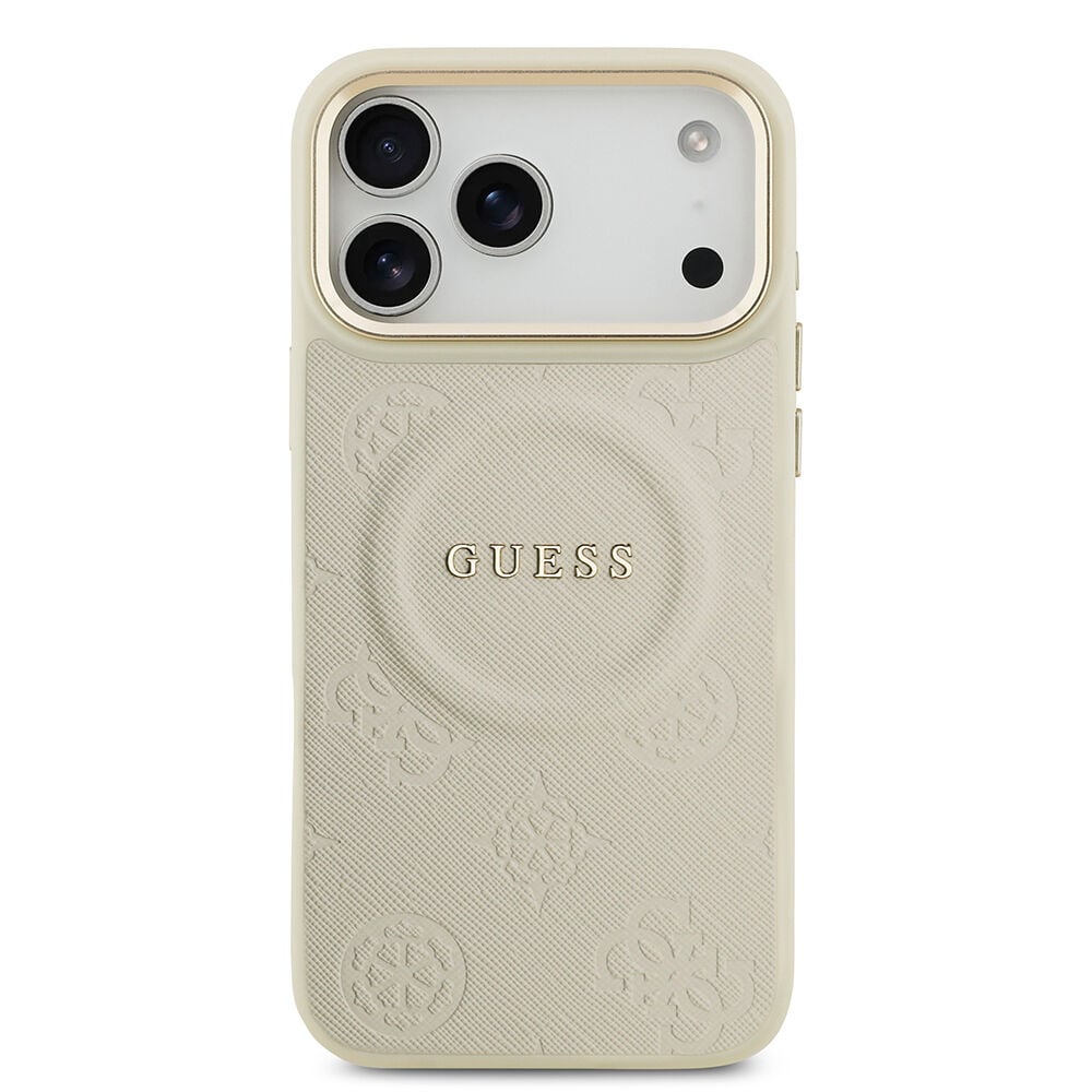 Apple iPhone 17 Pro Max Kılıf Guess Orjinal Lisanslı M-safe Şarj Özellikli Sıcak Baskılı Yazı Logolu PU Deri Peony Kapak