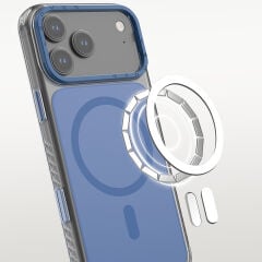 Apple iPhone 17 Pro Kılıf M-safe Şarj Özellikli Metal Kamera Çerçeveli Airbag Tasarımlı Lenyes CK221 Sert PC Kapak Mavi
