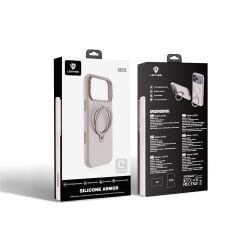 Apple iPhone 17 Pro Kılıf M-safe Şarj Özellikli Metal Standlı Sıvı Silikon Lenyes CK223 Kapak Bej