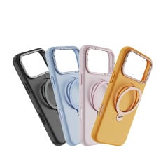 Apple iPhone 17 Pro Kılıf M-safe Şarj Özellikli Metal Standlı Sıvı Silikon Lenyes CK223 Kapak Bej