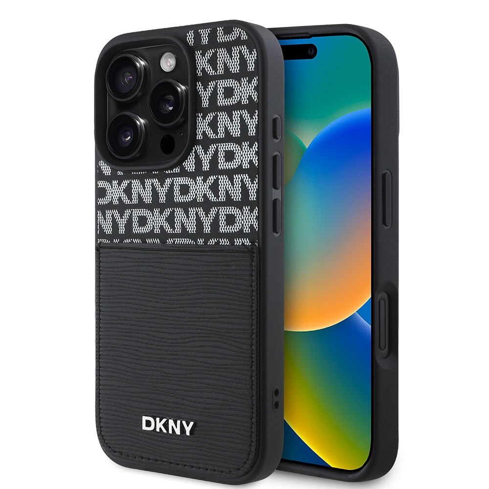 Apple iPhone 16 Pro Max Kılıf DKNY Orjinal Lisanslı Kartlıklı 3D Yazılı Repeat Texture Pattern Kılıf - Siyah