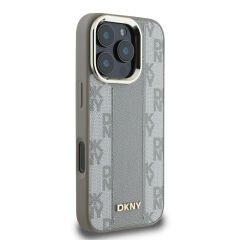 Apple iPhone 16 Pro Max Kılıf DKNY Orjinal Lisanslı M-safe Şarj Özellikli 3D Yazılı Checkered Pattern Kılıf - Bej